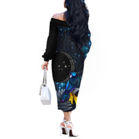 New Zealand Tui Bird Matariki Off The Shoulder Long Sleeve Dress Galaxy Fern With Maori Pattern