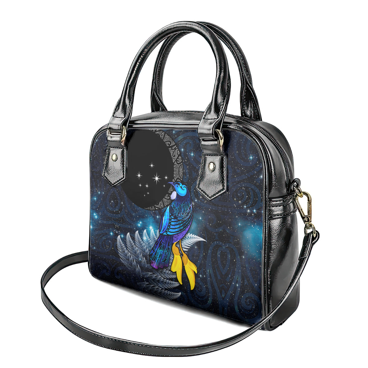 New Zealand Tui Bird Matariki Shoulder Handbag Galaxy Fern With Maori Pattern