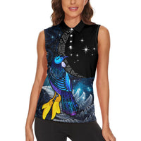 New Zealand Tui Bird Matariki Women Sleeveless Polo Shirt Galaxy Fern With Maori Pattern