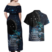 New Zealand Tui Bird Couples Matching Off Shoulder Maxi Dress and Hawaiian Shirt Matariki Poetry Pattern Galaxy Style