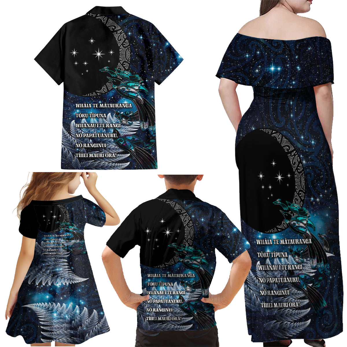 New Zealand Tui Bird Family Matching Off Shoulder Maxi Dress and Hawaiian Shirt Matariki Poetry Pattern Galaxy Style