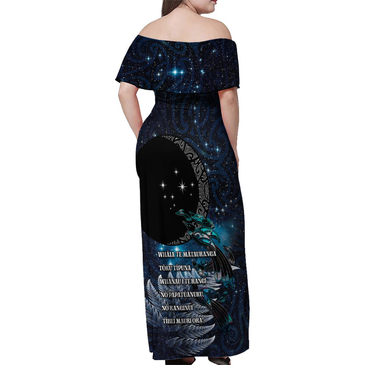 New Zealand Tui Bird Family Matching Off Shoulder Maxi Dress and Hawaiian Shirt Matariki Poetry Pattern Galaxy Style