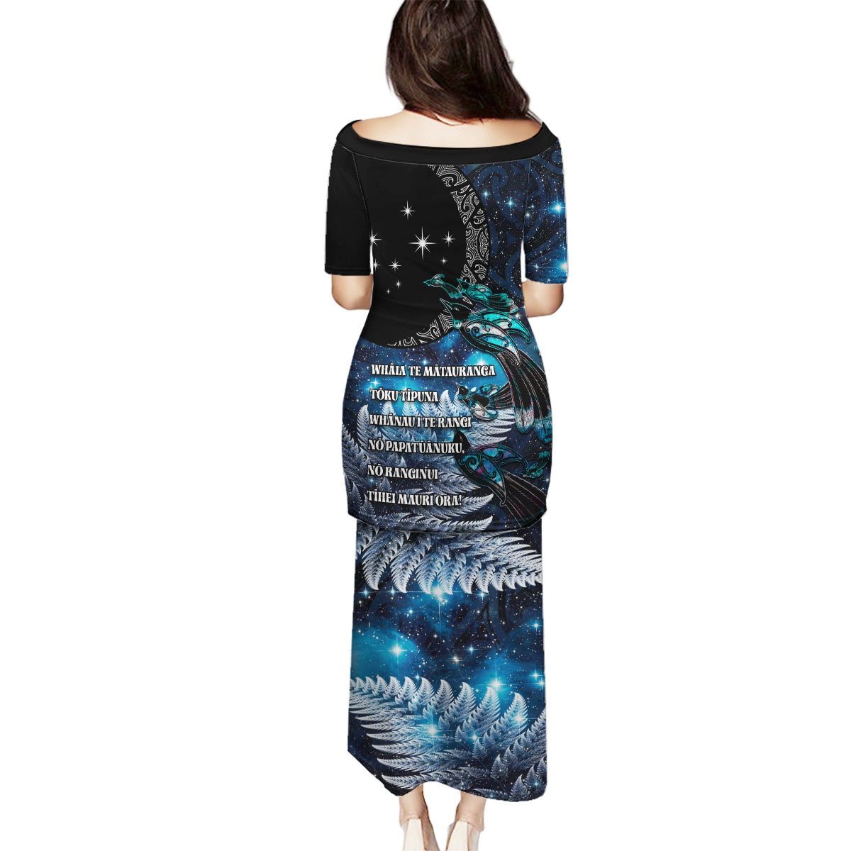 New Zealand Tui Bird Family Matching Puletasi and Hawaiian Shirt Matariki Poetry Pattern Galaxy Style
