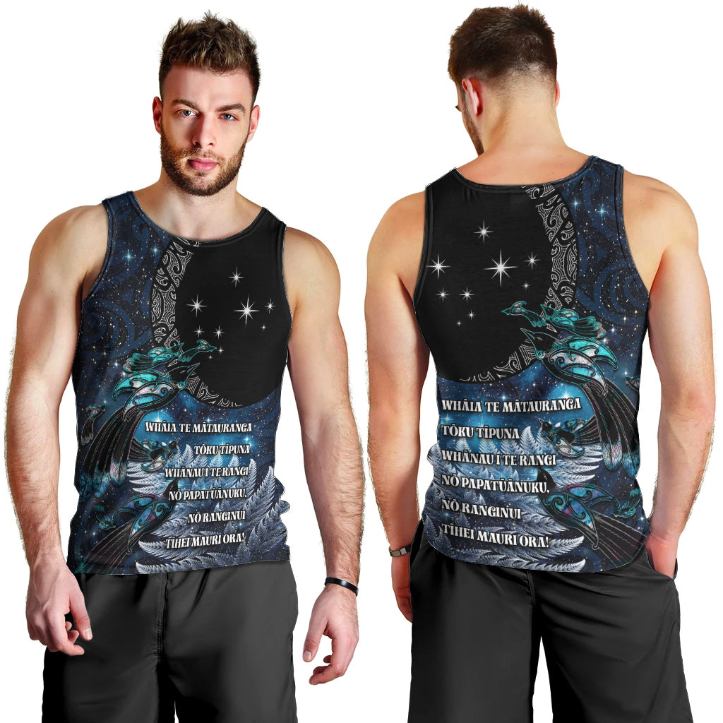 New Zealand Tui Bird Men Tank Top Matariki Poetry Pattern Galaxy Style