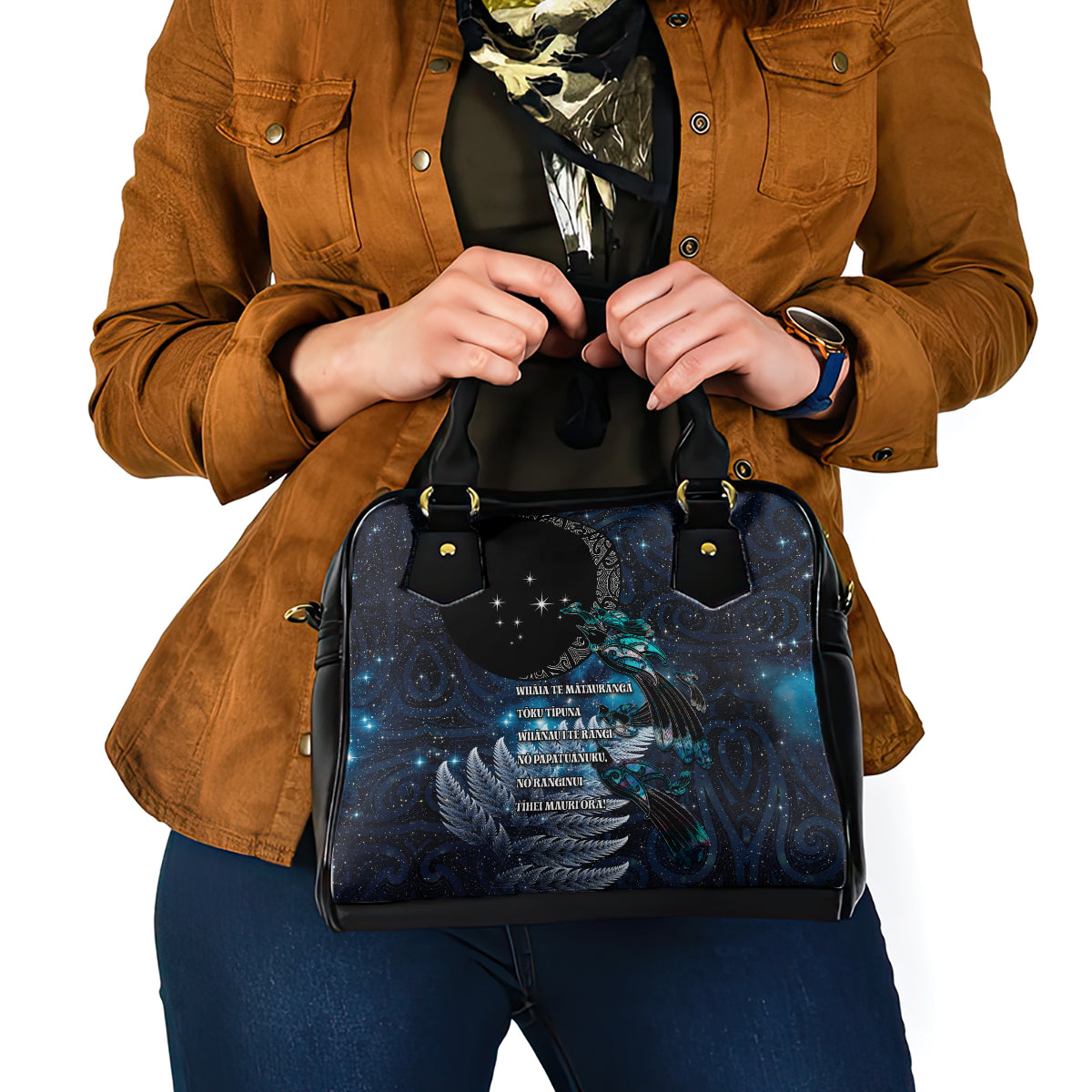 New Zealand Tui Bird Shoulder Handbag Matariki Poetry Pattern Galaxy Style