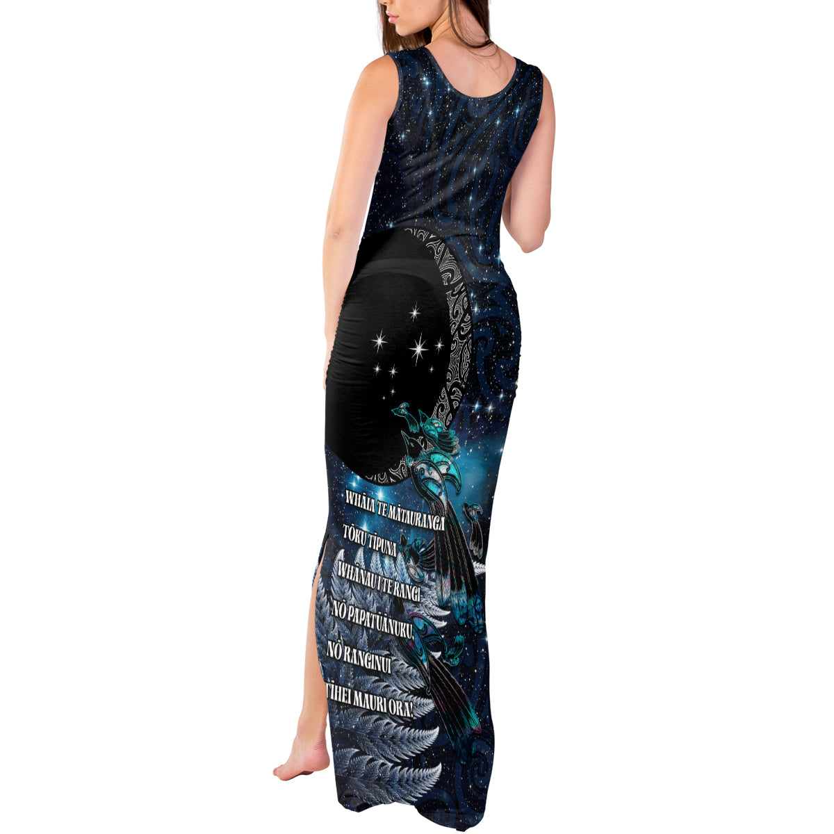 New Zealand Tui Bird Tank Maxi Dress Matariki Poetry Pattern Galaxy Style