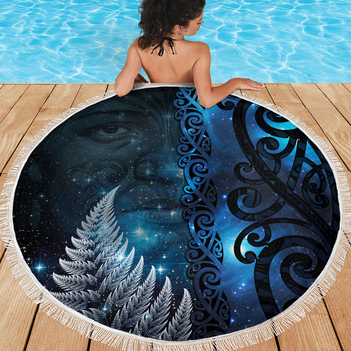 New Zealand Matariki Beach Blanket The Tribal Maori Face and Silver Fern