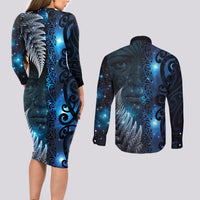 New Zealand Matariki Couples Matching Long Sleeve Bodycon Dress and Long Sleeve Button Shirt The Tribal Maori Face and Silver Fern