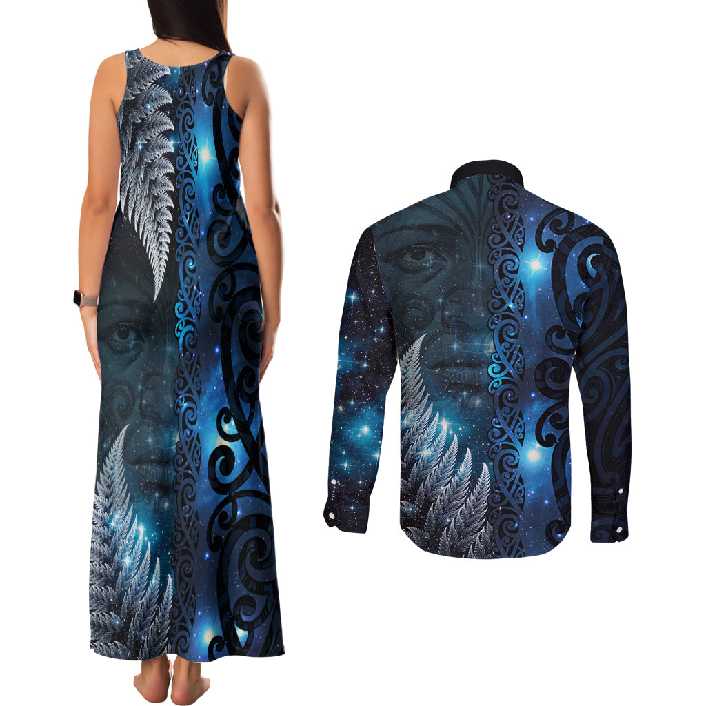 New Zealand Matariki Couples Matching Tank Maxi Dress and Long Sleeve Button Shirt The Tribal Maori Face and Silver Fern