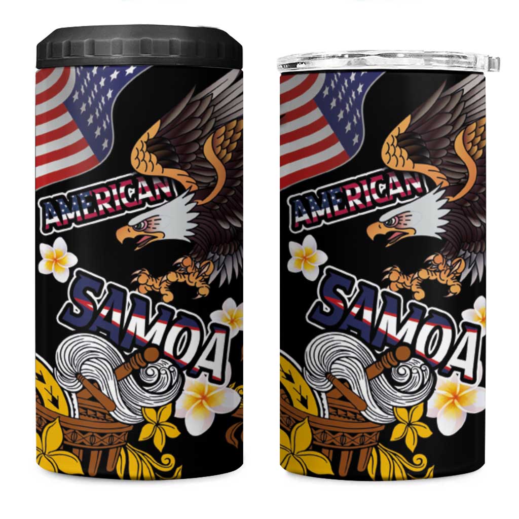 United States and American Samoa Together 4 in 1 Can Cooler Tumbler Bald Eagle and Polynesian Traditional Culture with Plumeria