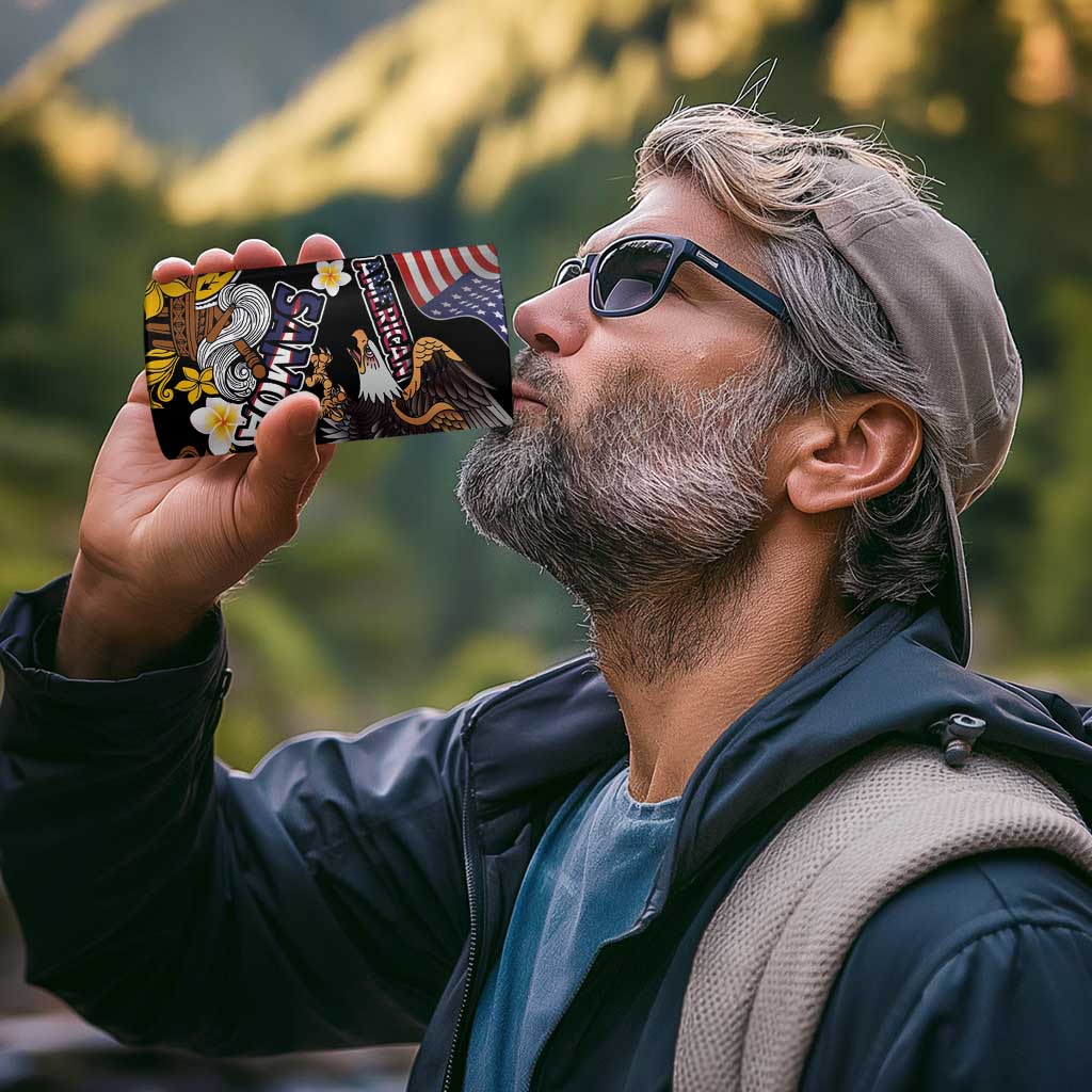 United States and American Samoa Together 4 in 1 Can Cooler Tumbler Bald Eagle and Polynesian Traditional Culture with Plumeria