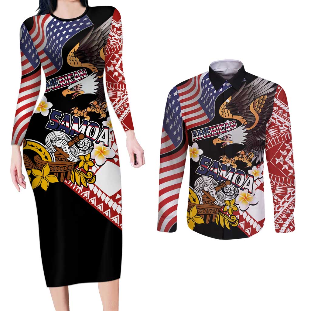 United States and American Samoa Together Couples Matching Long Sleeve Bodycon Dress and Long Sleeve Button Shirt Bald Eagle and Polynesian Traditional Culture with Plumeria