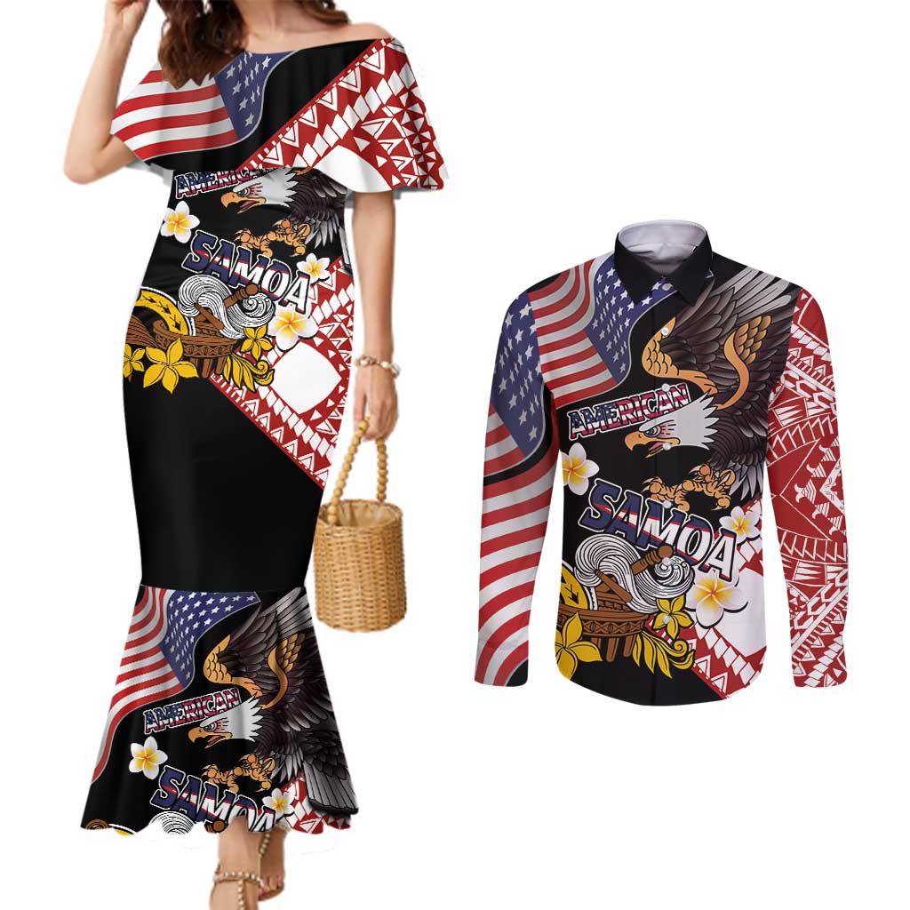 United States and American Samoa Together Couples Matching Mermaid Dress and Long Sleeve Button Shirt Bald Eagle and Polynesian Traditional Culture with Plumeria