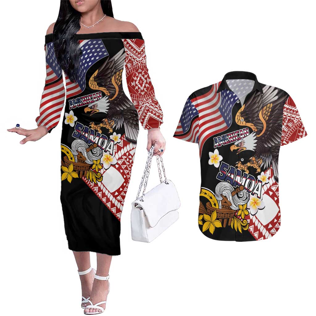 United States and American Samoa Together Couples Matching Off The Shoulder Long Sleeve Dress and Hawaiian Shirt Bald Eagle and Polynesian Traditional Culture with Plumeria
