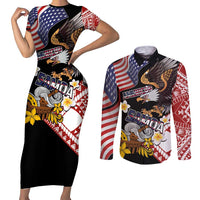 United States and American Samoa Together Couples Matching Short Sleeve Bodycon Dress and Long Sleeve Button Shirt Bald Eagle and Polynesian Traditional Culture with Plumeria