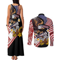 United States and American Samoa Together Couples Matching Tank Maxi Dress and Long Sleeve Button Shirt Bald Eagle and Polynesian Traditional Culture with Plumeria