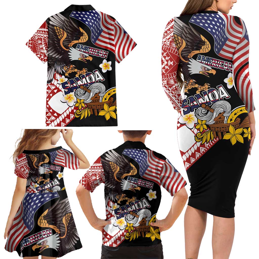 United States and American Samoa Together Family Matching Long Sleeve Bodycon Dress and Hawaiian Shirt Bald Eagle and Polynesian Traditional Culture with Plumeria