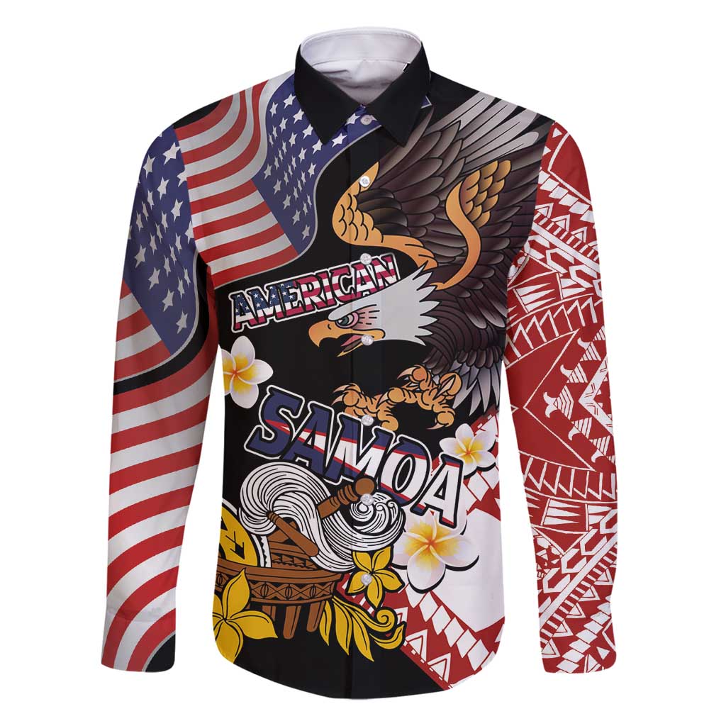 United States and American Samoa Together Family Matching Long Sleeve Bodycon Dress and Hawaiian Shirt Bald Eagle and Polynesian Traditional Culture with Plumeria