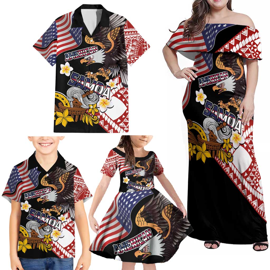 United States and American Samoa Together Family Matching Off Shoulder Maxi Dress and Hawaiian Shirt Bald Eagle and Polynesian Traditional Culture with Plumeria