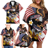 United States and American Samoa Together Family Matching Off Shoulder Short Dress and Hawaiian Shirt Bald Eagle and Polynesian Traditional Culture with Plumeria