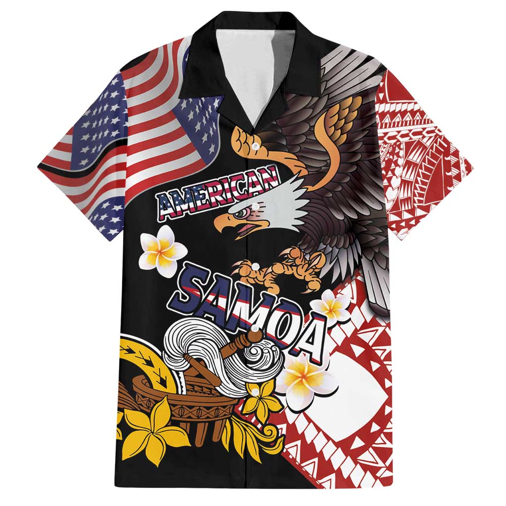 United States and American Samoa Together Family Matching Off Shoulder Short Dress and Hawaiian Shirt Bald Eagle and Polynesian Traditional Culture with Plumeria