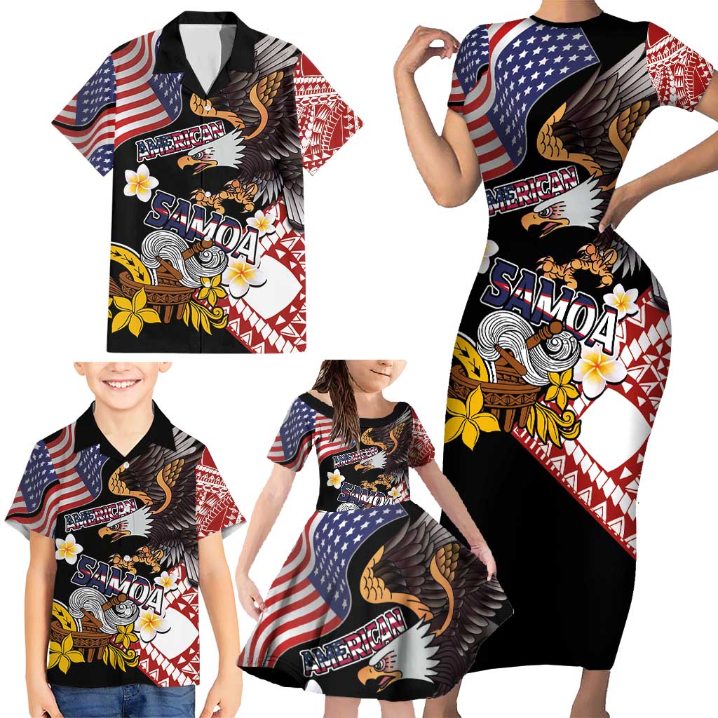United States and American Samoa Together Family Matching Short Sleeve Bodycon Dress and Hawaiian Shirt Bald Eagle and Polynesian Traditional Culture with Plumeria