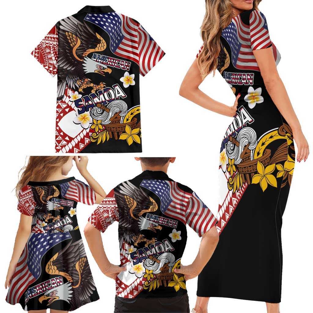 United States and American Samoa Together Family Matching Short Sleeve Bodycon Dress and Hawaiian Shirt Bald Eagle and Polynesian Traditional Culture with Plumeria