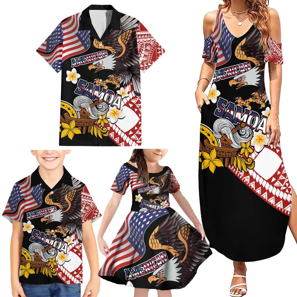 United States and American Samoa Together Family Matching Summer Maxi Dress and Hawaiian Shirt Bald Eagle and Polynesian Traditional Culture with Plumeria