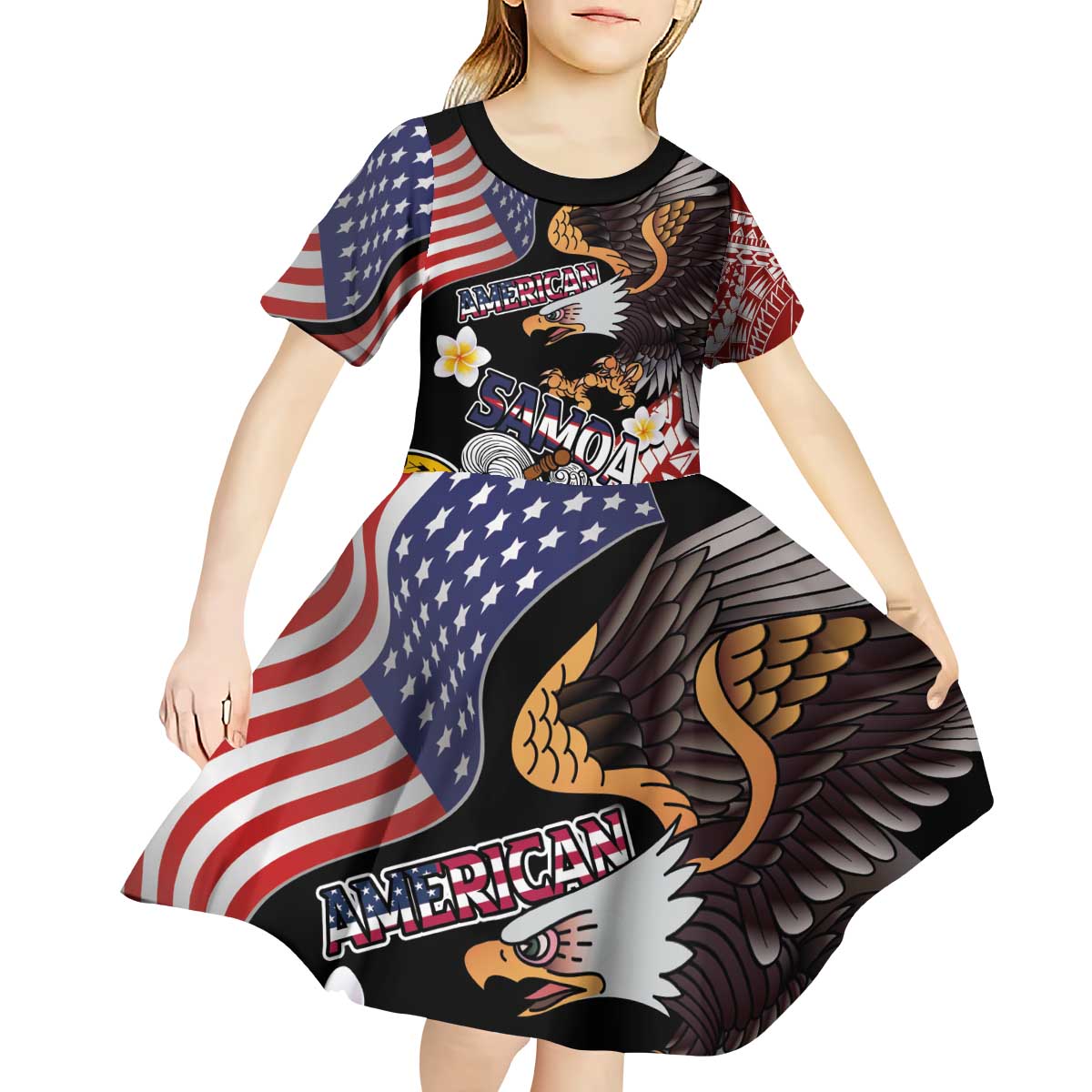 United States and American Samoa Together Kid Short Sleeve Dress Bald Eagle and Polynesian Traditional Culture with Plumeria
