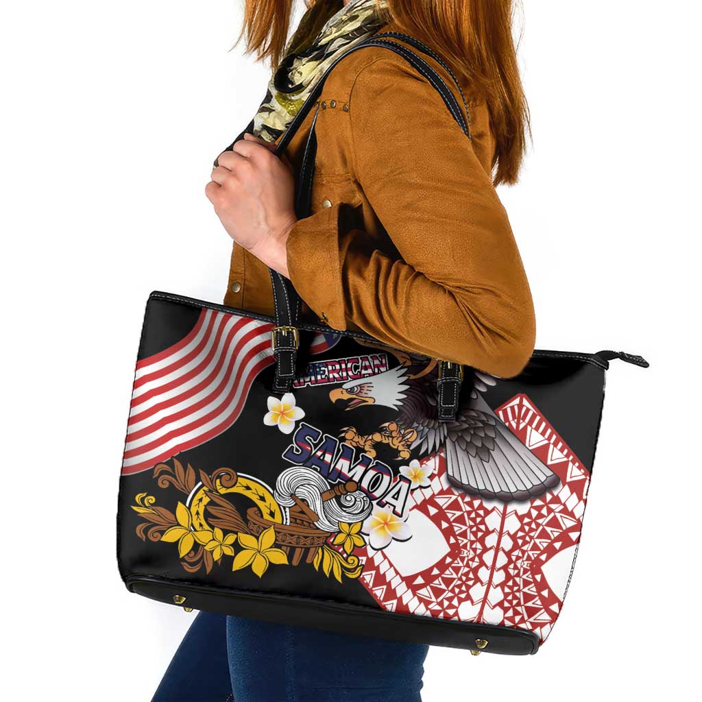 United States and American Samoa Together Leather Tote Bag Bald Eagle and Polynesian Traditional Culture with Plumeria