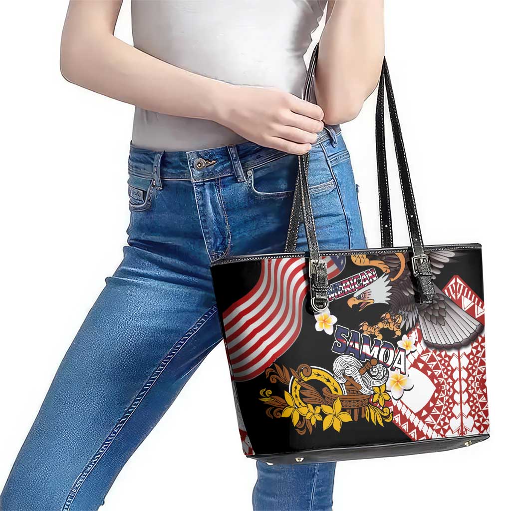 United States and American Samoa Together Leather Tote Bag Bald Eagle and Polynesian Traditional Culture with Plumeria