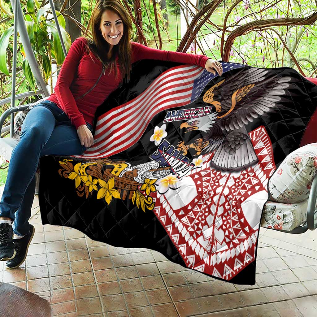 United States and American Samoa Together Quilt Bald Eagle and Polynesian Traditional Culture with Plumeria