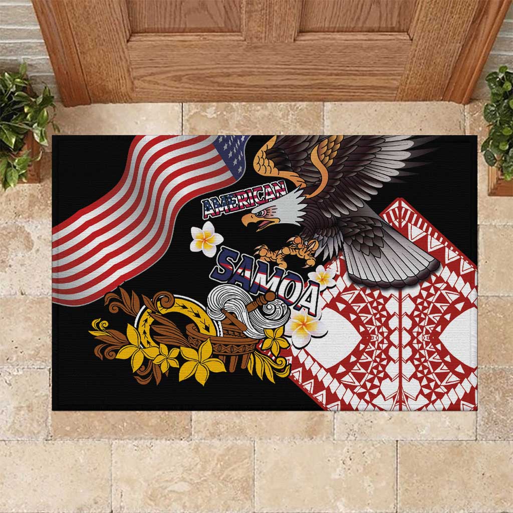 United States and American Samoa Together Rubber Doormat Bald Eagle and Polynesian Traditional Culture with Plumeria