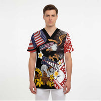 United States and American Samoa Together Scrub Top Bald Eagle and Polynesian Traditional Culture with Plumeria - Polynesian Pride