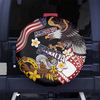United States and American Samoa Together Spare Tire Cover Bald Eagle and Polynesian Traditional Culture with Plumeria