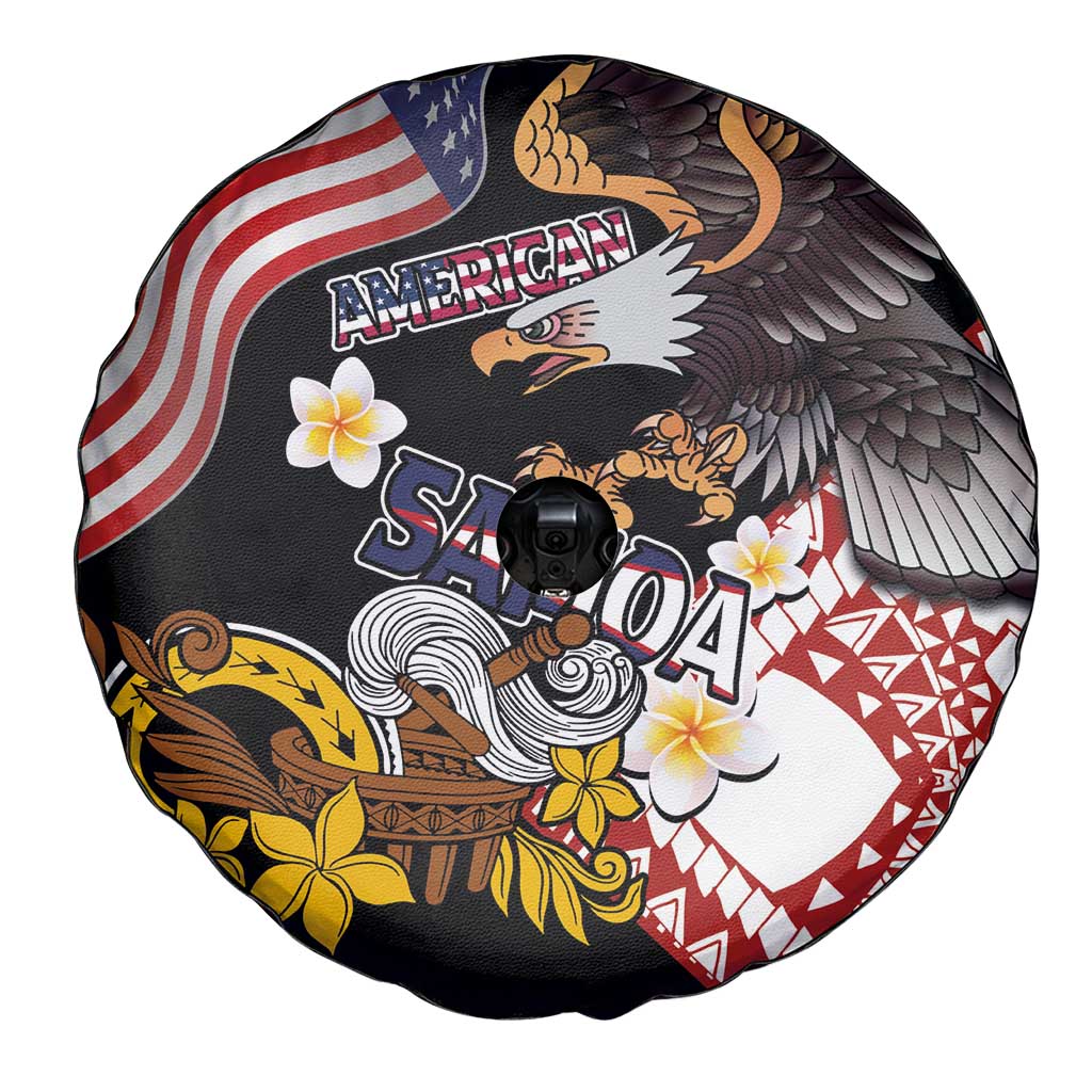 United States and American Samoa Together Spare Tire Cover Bald Eagle and Polynesian Traditional Culture with Plumeria