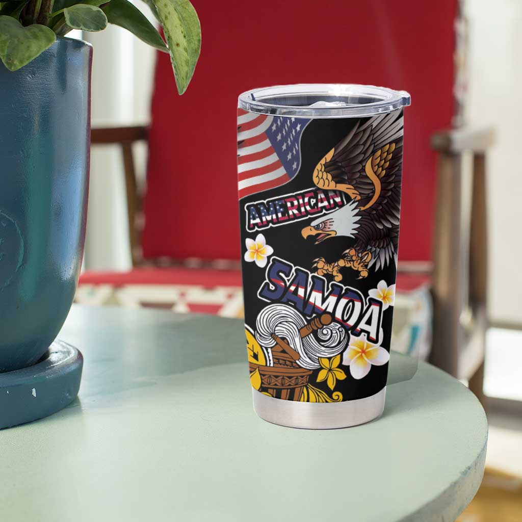 United States and American Samoa Together Tumbler Cup Bald Eagle and Polynesian Traditional Culture with Plumeria