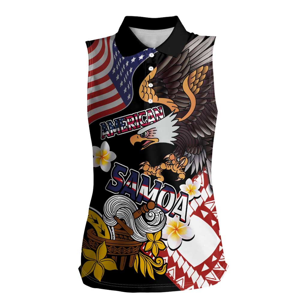 United States and American Samoa Together Women Sleeveless Polo Shirt Bald Eagle and Polynesian Traditional Culture with Plumeria
