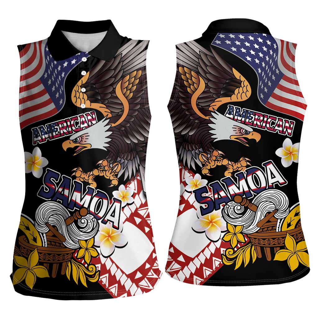 United States and American Samoa Together Women Sleeveless Polo Shirt Bald Eagle and Polynesian Traditional Culture with Plumeria