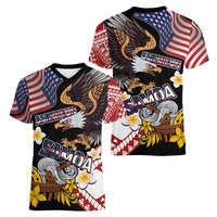 United States and American Samoa Together Women V-Neck T-Shirt Bald Eagle and Polynesian Traditional Culture with Plumeria