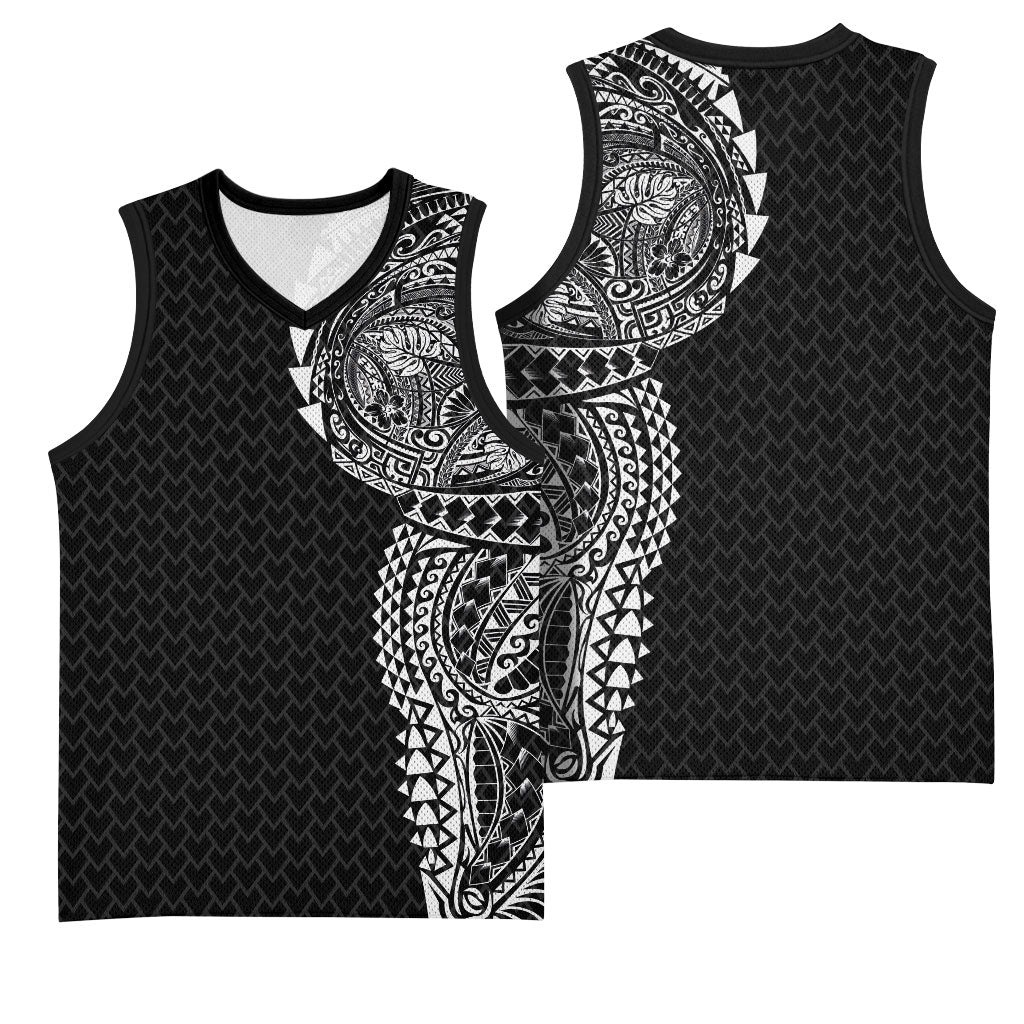 Hawaiian Traditional Tattoos Basketball Jersey Kakau Tribal Tropical Plant Motif Black Color