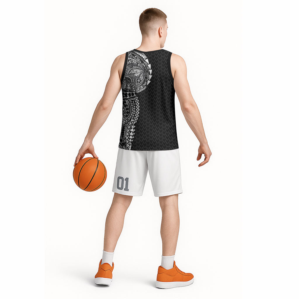 Hawaiian Traditional Tattoos Basketball Jersey Kakau Tribal Tropical Plant Motif Black Color