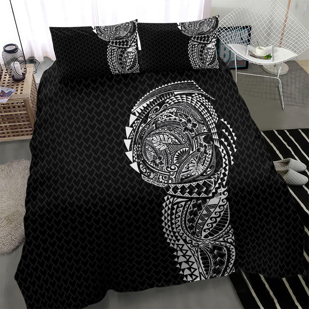 Hawaiian Traditional Tattoos Bedding Set Kakau Tribal Tropical Plant Motif Black Color