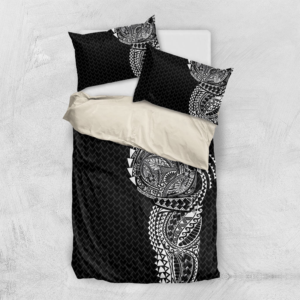 Hawaiian Traditional Tattoos Bedding Set Kakau Tribal Tropical Plant Motif Black Color