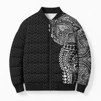 Hawaiian Traditional Tattoos Bomber Puffer Jacket Kakau Tribal Tropical Plant Motif Black Color
