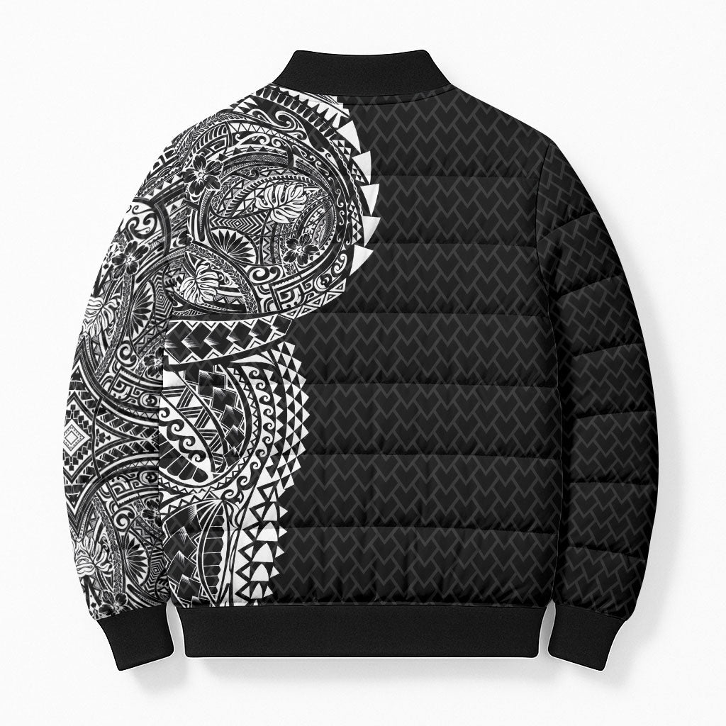 Hawaiian Traditional Tattoos Bomber Puffer Jacket Kakau Tribal Tropical Plant Motif Black Color