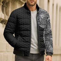 Hawaiian Traditional Tattoos Bomber Puffer Jacket Kakau Tribal Tropical Plant Motif Black Color