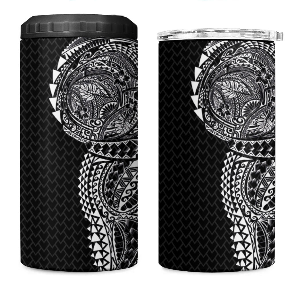 Hawaiian Traditional Tattoos 4 in 1 Can Cooler Tumbler Kakau Tribal Tropical Plant Motif Black Color