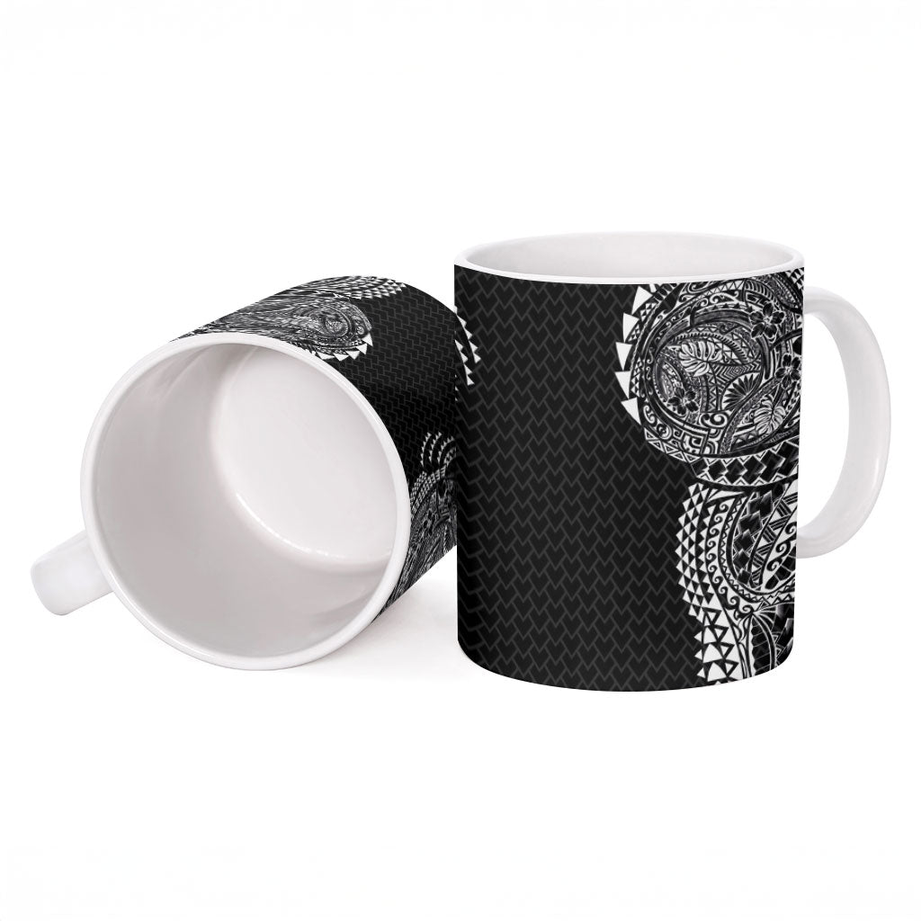 Hawaiian Traditional Tattoos Ceramic Mug Kakau Tribal Tropical Plant Motif Black Color