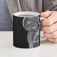 Hawaiian Traditional Tattoos Ceramic Mug Kakau Tribal Tropical Plant Motif Black Color